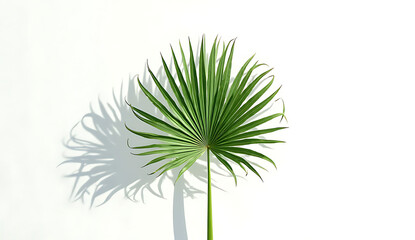 Fototapeta premium Single palm leaf with a long stem, shadow cast on a clean white background, 4K and HD image