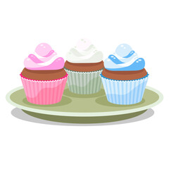Pink, green, blue cupcake on plate vector
