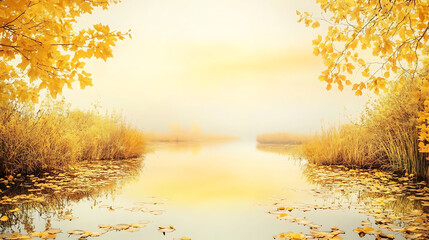 A still autumn pond surrounded by golden foliage, the sky a pale yellow and orange gradient reflecting off the watera??s surface