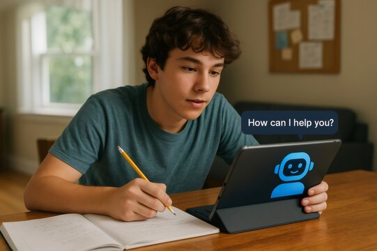Young student interacting with a friendly AI chatbot on a tablet, taking notes and studying at home, embracing modern technology for education
