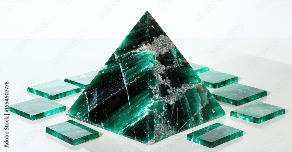 Poster dark green pyramid surrounded by smaller square glass pieces. stone texture visible, creating intere