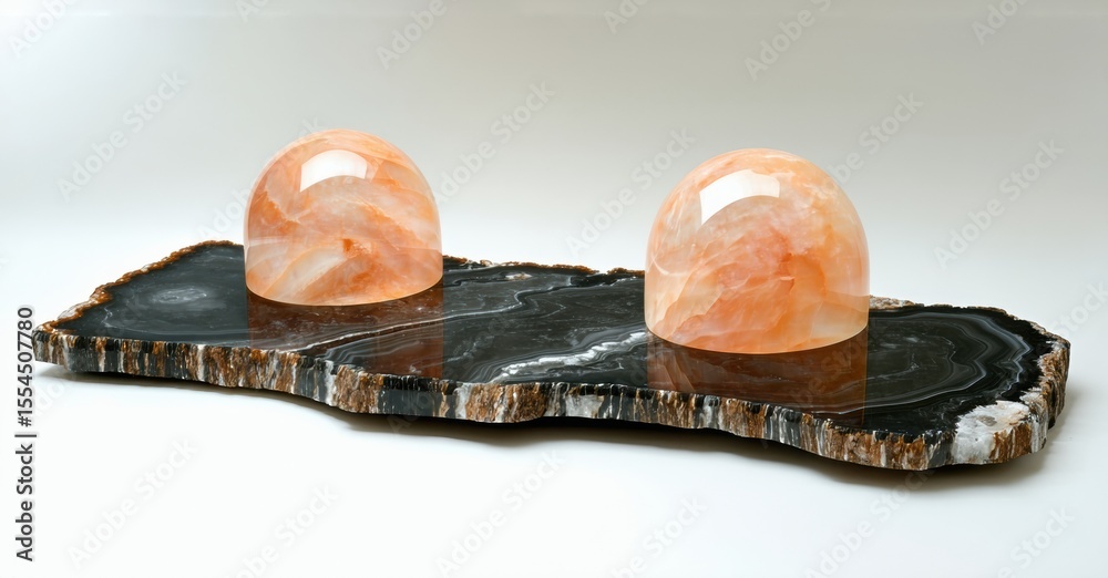 Poster orange spheres rest upon dark agate slice. natural stone textures present smooth, rounded forms. min