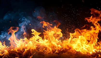 Intense flames dance against a dark backdrop creating a mesmerizing display of fire and smoke with a touch of blue.