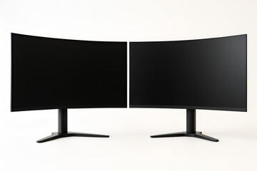 Pair of Modern Black Curved Ultrawide Monitors on Stands.