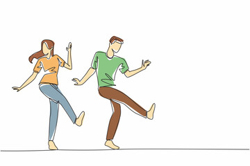 Single one line drawing husband and wife dancing. Like dancing ska. Following the trumpet beat. In rhythm. In tune. Pleasant. International Dance Day. Continuous line design graphic illustration