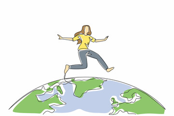 Fototapeta premium Single one line drawing a woman in casual clothes jumps on half a globe. A symbolism. Female parkour players have gone global. Art. We Jump The World Day. Continuous line design graphic illustration