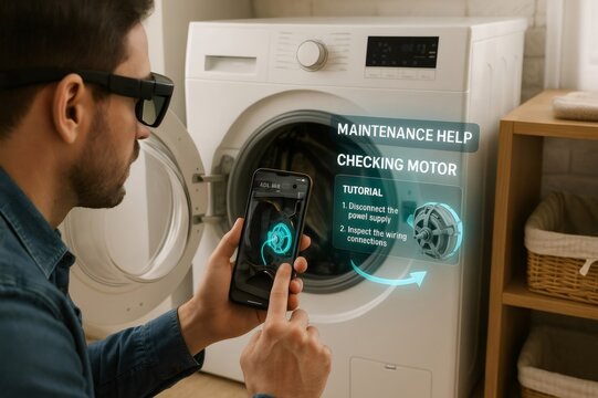 Technician wearing smart glasses using augmented reality app on smartphone for appliance maintenance, checking motor