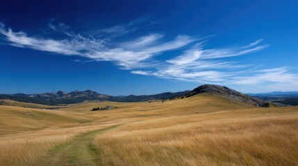 Grassy field with hills under a blue sky with white clouds.