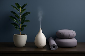 Modern Beige Diffuser with Yoga Accessories on Dark Wood Surface.