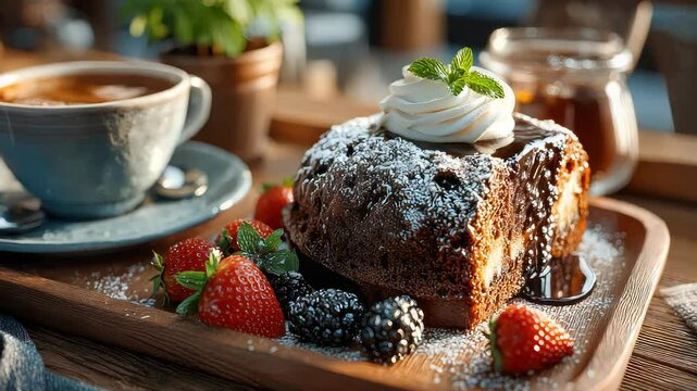 Close-up of a dessert and latte on a wooden tray with flowers in a cozy cafe setting