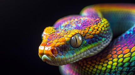 Fototapeta premium Vibrant rainbow-colored snake close-up on black background.