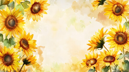 Yellow sunflowers frame the background in a watercolor painting. Abstract floral background with empty space.