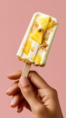Pineapple popsicle with visible pineapple pieces mixed in creamy white yogurt base, wooden stick, held by a hand against a soft pink background,