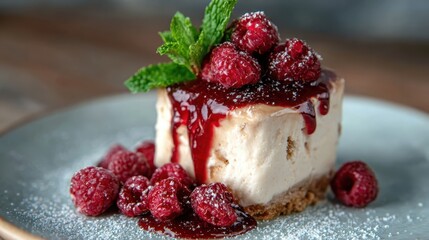 An exquisite cheesecake served on a plate, adorned with delightful raspberries and a glossy berry sauce, creating a visually appealing and appetizing dessert treat.