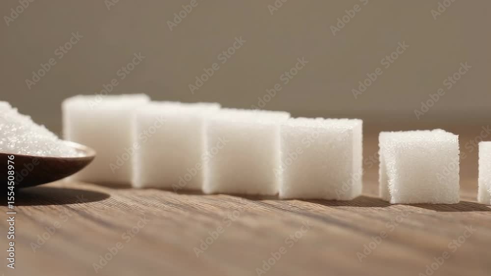 Poster granulated sugar in a wooden spoon lies next to a row of sugar cubes, and the cubes progressively se