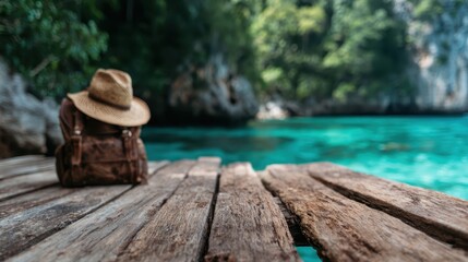 A stunning image features a backpack and hat resting on a wooden dock by a tranquil tropical beach, evoking feelings of adventure, relaxation, and the allure of exploration.