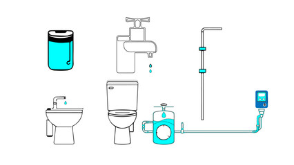 vector illustration of laboratory equipment Smart Greywater Layout – Eco Bathroom System in Line Art
