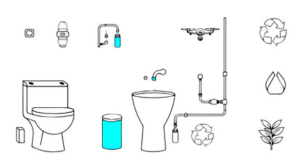  Smart Bathroom Greywater System Icons – Vector Line Set  vector illustration of a bathroom