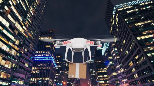 Autonomous delivery drone flying between skyscrapers at night with parcel, representing last-mile logistics, futuristic urban transportation, e-commerce innovation, and smart city delivery systems
