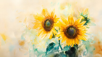 Yellow sunflowers with green and yellow gradient watercolor painting background. Abstract floral background with empty space.