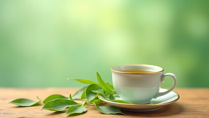 A cup of herbal tea surrounded by leaves against a blurred green background, 4K and HD image