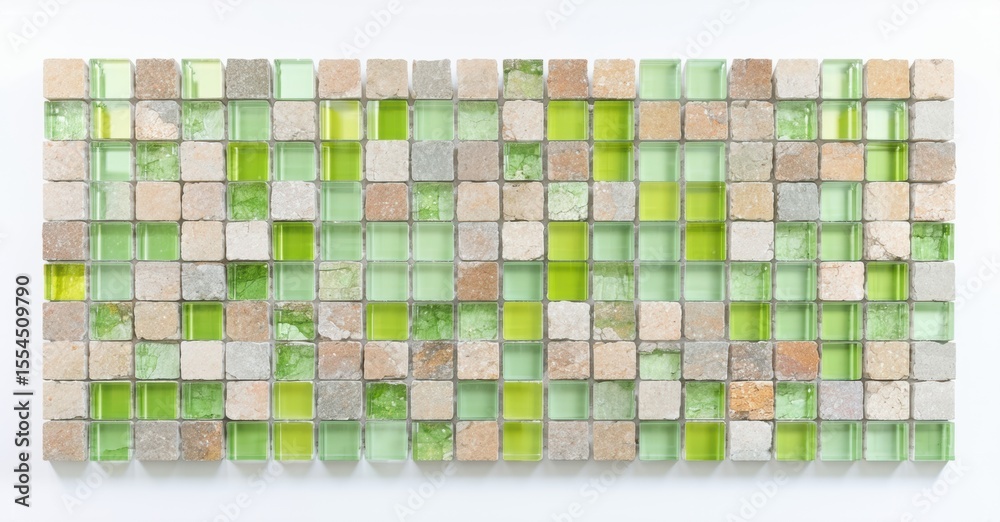 Poster Rectangular mosaic panel. Green, beige squares create textured surface. Clean lines, simple design, neutral palette.