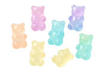 Seven colorful gummy bears falling against a transparent background, creating a playful and tempting image