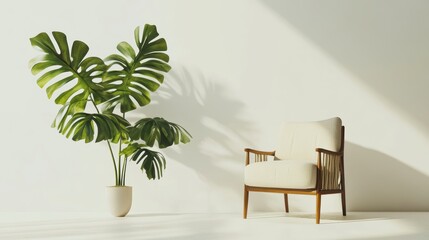 Minimalist interior design with armchair and monstera plant.