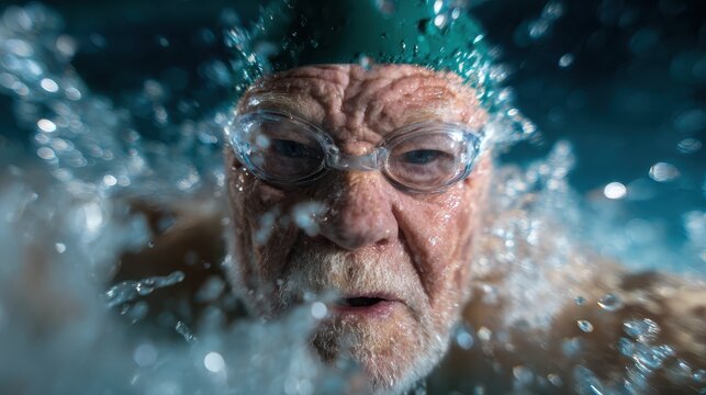 An elderly man with glasses and a swim cap is seen submerged underwater, portraying the essence of resilience and passion for swimming amidst splashes of water.