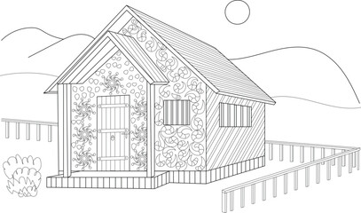 Ornate Medieval Inspired House Drawing: Detailed Black and White Line Art Illustration for Coloring Books, Featuring a Stylized Cottage with Decorative Patterns, Mountains, and Sun