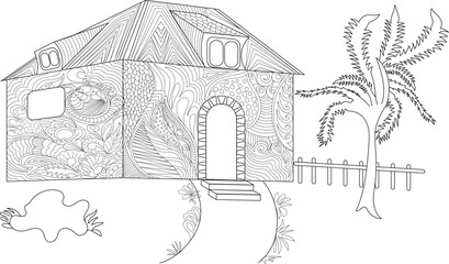 Captivating black and white line art illustration showcasing a stylized medieval-inspired house adorned with intricate zentangle patterns, perfect for adult coloring books and creative projects.
