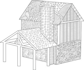 Stylized Medieval House with Complex Patterns. Adult Coloring Book Outline of a Fantasy Building, Decorative Architecture Doodle Art.