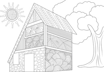 Detailed Zentangle House Coloring Page with Sun and Tree, Perfect for Adult Relaxation and Stress Relief, Whimsical Fantasy Medieval-Inspired Architecture Line Art Illustration for Creative Hobbies.