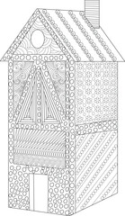 Stylized Medieval House Line Art with Intricate Patterns for Coloring Books and Decorative Use
