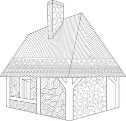 Ornate medieval house drawing for coloring, with distinct patterns and a stone chimney, historical architecture line art.