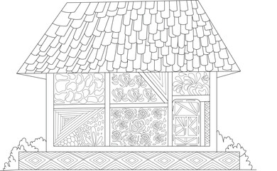 Stylized medieval house line drawing with complex patterns for coloring. Detailed zentangle and floral motifs on white background.