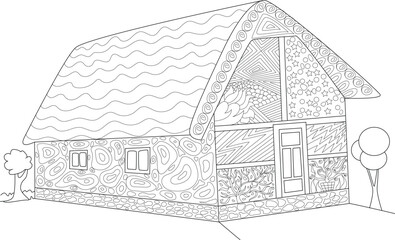 Whimsical Medieval House Line Art with Abstract Patterns, Ideal for Coloring Pages and Creative Designs.