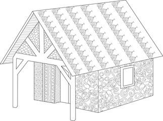 Detailed line drawing of a decorative fantasy house with intricate patterns on its roof and walls, ideal for coloring and creative projects.