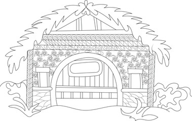 Intricate medieval house line art drawing with thatched roof and ornate details, ideal for coloring, historical, or fantasy themes.