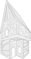 Abstract medieval house vector illustration, featuring decorative patterns and fantasy architecture elements for coloring and design.