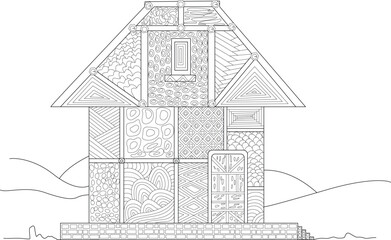 Intricate Abstract House Line Art with Diverse Patterns for Adult Coloring Books. Detailed Zentangle-Inspired Dwelling Sketch, Ideal for Relaxation, Mindfulness, and Creative Design Projects.