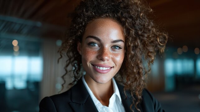 A captivating portrait of a smiling woman in a business suit, radiating confidence and charm, set against a modern office backdrop, embodying a successful professional image.
