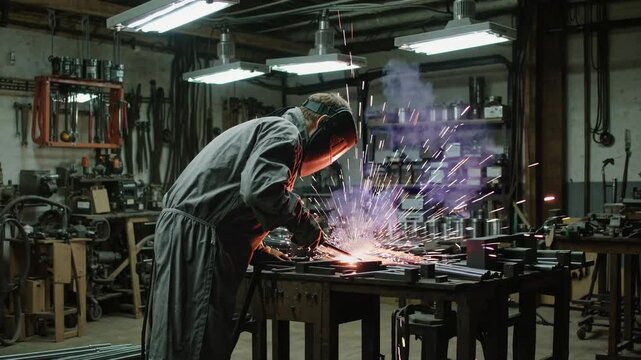 Skilled welder focused on metalwork inside dimly lit industrial workshop, symbolizing manual labor, craft mastery, the dignity of trade work, industrial strength