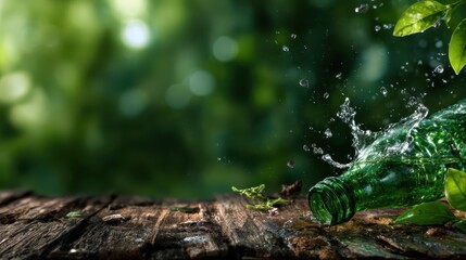 A green glass bottle spills out water in an outdoor setting, creating a refreshing splash, symbolizing vitality and nature while highlighting environmental beauty surrounding it.