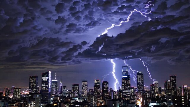Multiple lightning bolts streaking across a turbulent sky above a modern city skyline at night, symbolizing nature&rsquo;s uncontrollable force, sudden change, energetic transformation, urban fragility