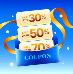 3d stack of coupons in an envelope with golden ribbons, isolated on background. Voucher stack with coupon code, percentage off in 3d vector. Vector illustration