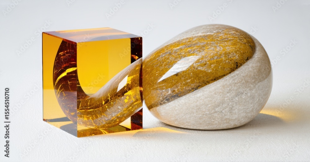 Poster amber objects, cube, oval. light plays across surfaces, creating warm tones. minimalist composition,