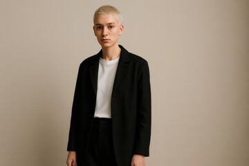 Studio portrait of androgynous person with bleached hair wearing black suit and white t shirt, representing modern business style