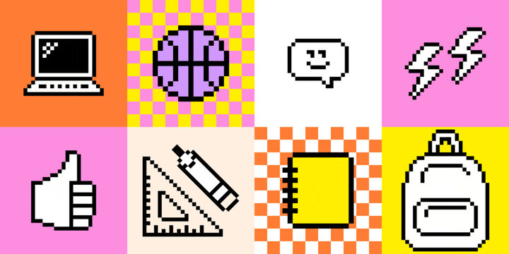 School study geometric pattern in pixel art. Y2k grid design with 8 bit retro game style education school supplies icon, pencil, ball, notebook, laptop, backpack, thumbs up. Abstract mosaic background