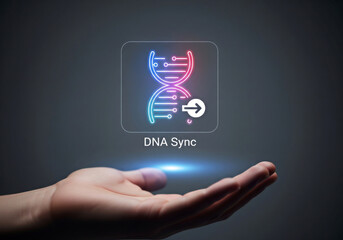  hand holds a glowing dna sync icon, symbolizing technological advancement in genetics